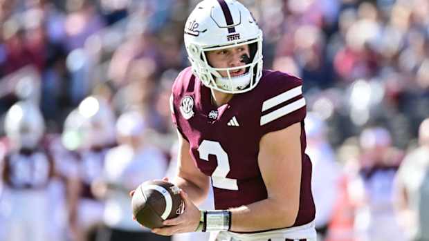 Nov 18, 2023; Starkville, Mississippi, USA; Mississippi State Bulldogs quarterback Will Rogers (2) drops back in the pocket against the Southern Miss Golden Eagles during the third quarter at Davis Wade Stadium at Scott Field. Mandatory Credit: Matt Bush-USA TODAY Sports  